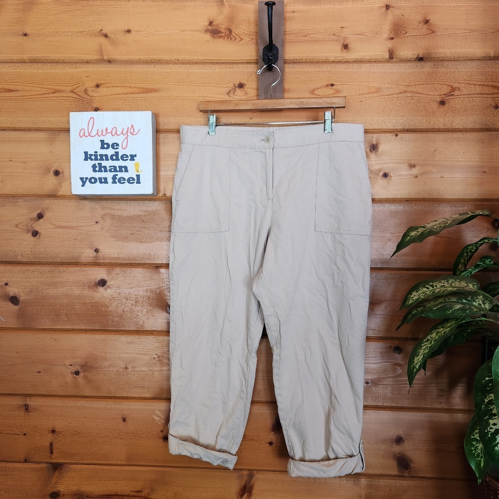 Talbots 💜 Linen Blend Roll Up Crop Capri Khaki Dress Pants Stretch Petite Sz 14
